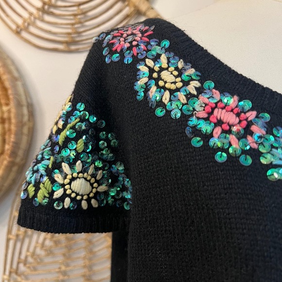 Vintage Beaded Floral Tie Front Bolero Cottagecore Balletcore Black Cardigan XL - Picture 4 of 6